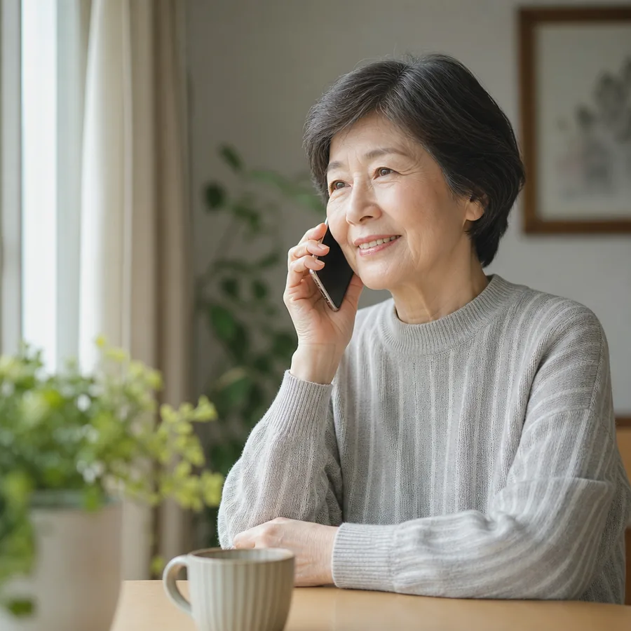 自宅で電話をしている女性