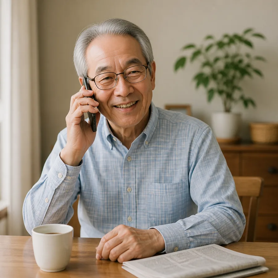 自宅で電話をしている男性